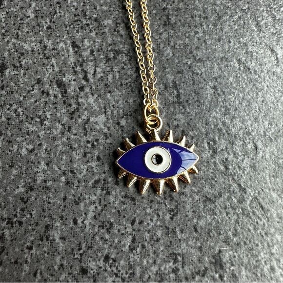 NEW Gold and Blue Enamel Evil Eye Pendant Adjustable Necklace 16 to 18-inches - Picture 2 of 10